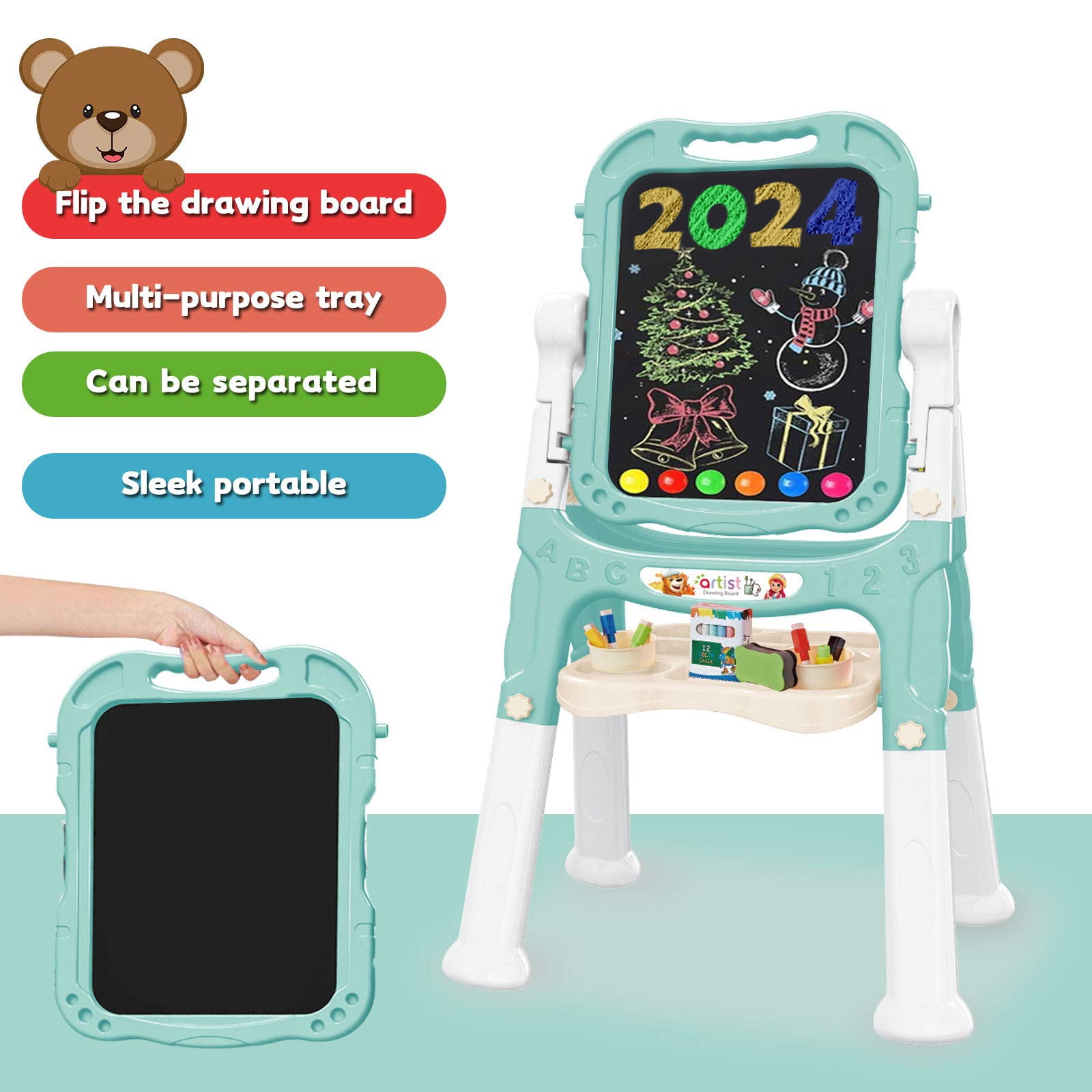 JBeeCtrl Easel for Kids Rotatable Double Sided White Board & Chalk Board Adjustable Standing Kids Art Easel w/ Paint Accessories for Boys Girls Birthday Christmas Birthday Gifts for Kids 3-6 Green