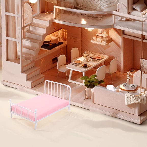 QIFULL 1Set White Metal Dollhouse Bed for Miniature Model Furniture 6.21X4.32X3.54In Versatile Use Easy to Combine