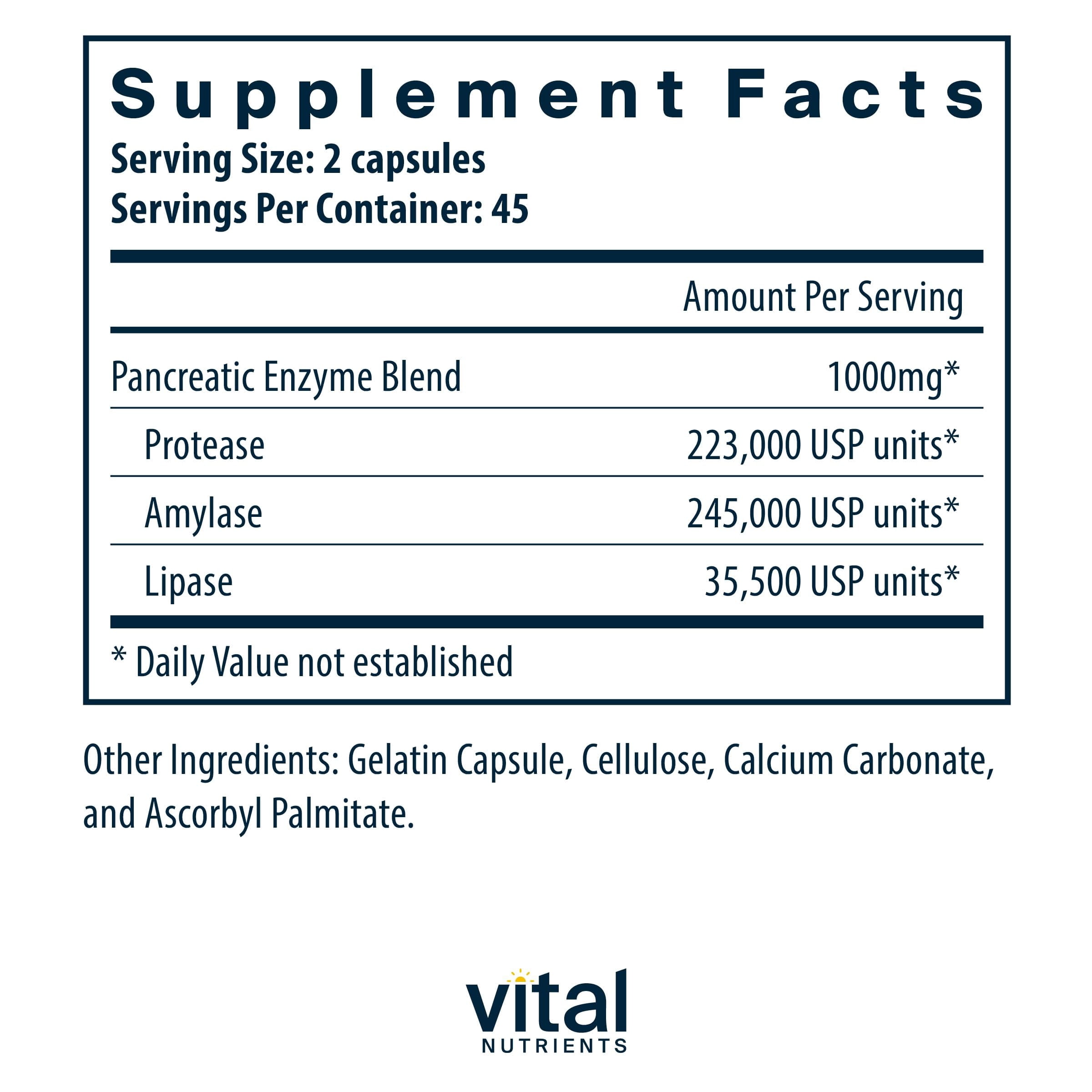Vital Nutrients Pancreatic Enzymes 1000mg (Full Strength) | Pancreatin Digestion Supplement with Protease, Amylase & Lipase | Digestive Enzymes | Gluten, Dairy, and Soy Free | 90 Capsules