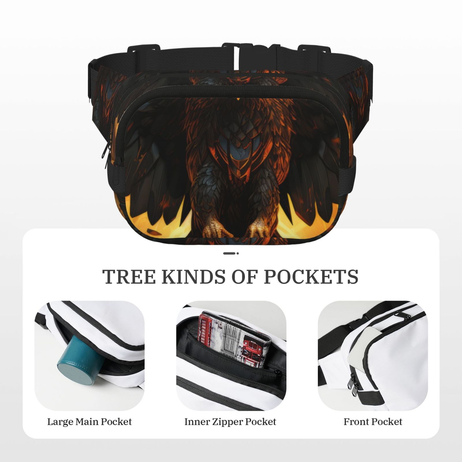 Picia Cool Black Eagle Print Square Double-Layer Waist Bag Mini Adjustable Waist Belt Bag Exercise Running Travel Hiking