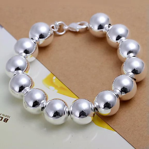 EOEMY Fashion 925 Sterling Solid Silver 14mm Bead Beaded Women Men Bracelets-Default