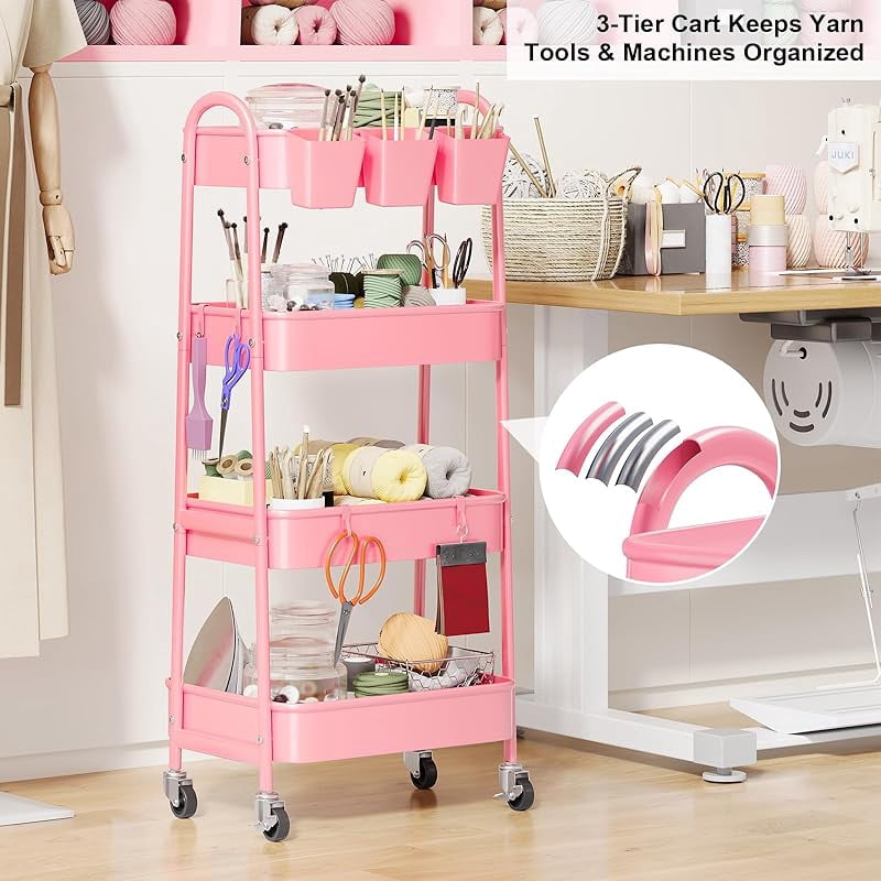 3 Tier Green Metal Rolling Cart with Lockable Wheels and Handle, 3 Tiered Utility Storage Organizer Carts for Teachers, Arts, Craft, Snack, Book, Bedside, Nursery, Cleaning Supplies, Easy Assembly
