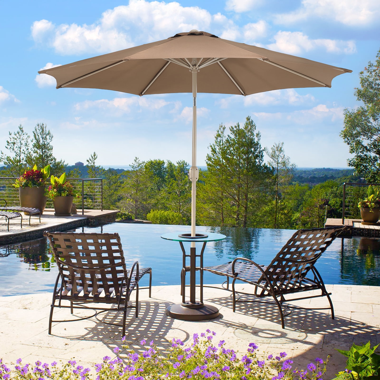 Aoodor 9FT Outdoor Patio Umbrella with 8 Steel Ribs and Push Button Tilt Crank, UV Protection, Coffee
