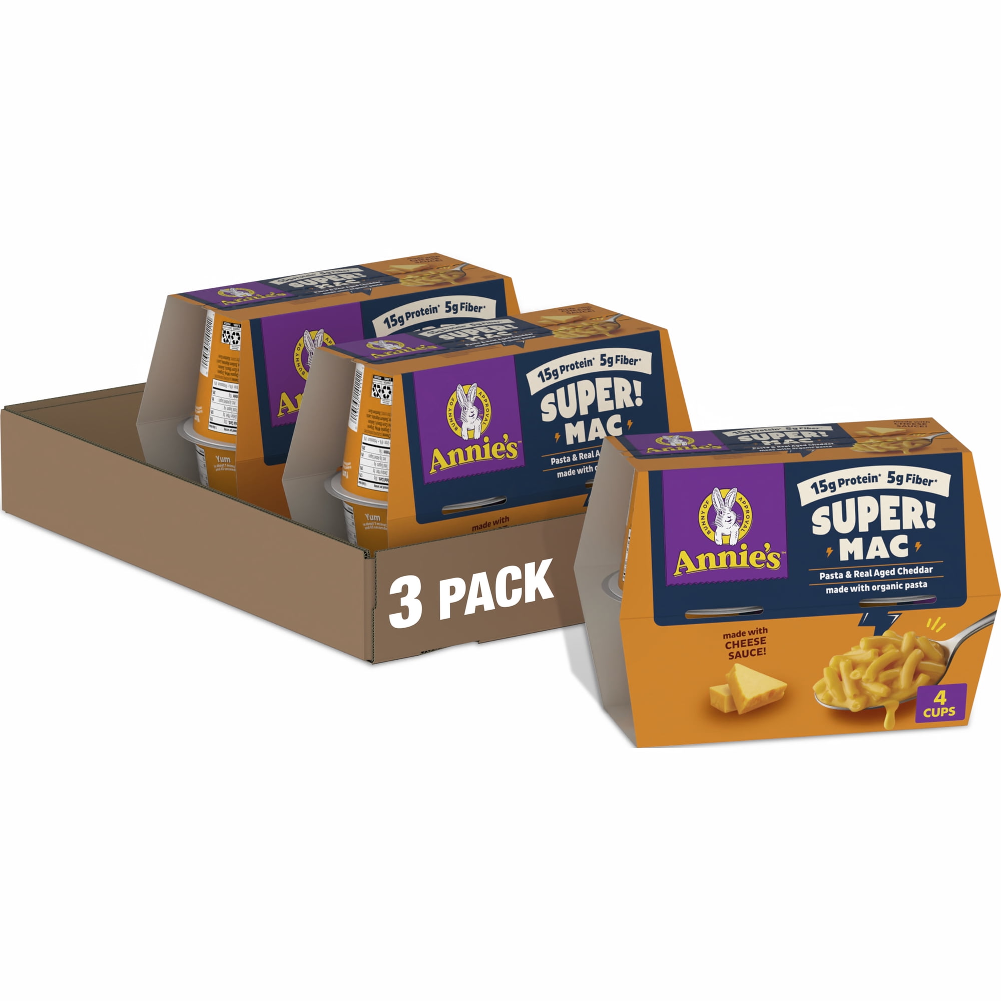 (3 pack) Annie's Protein Super! Mac Real Aged Cheddar Pasta Cups, 4 Count, 11.44 oz