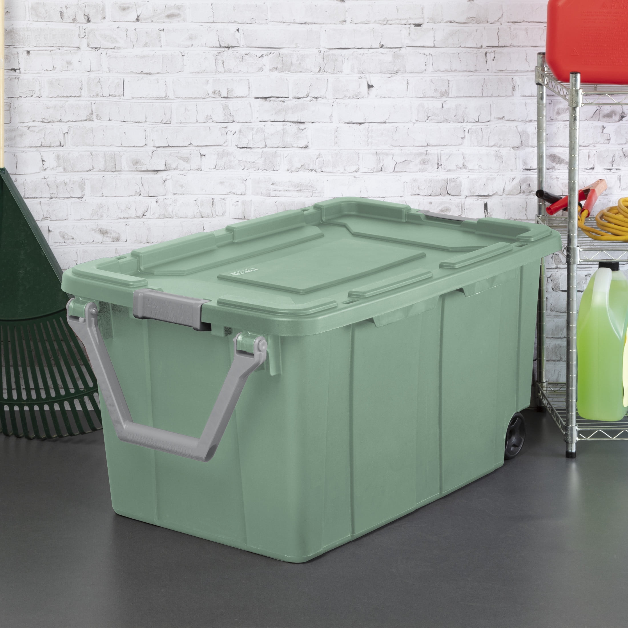 Sterilite Extra-Large Wheeled Industrial Storage Bin, 40 Gallon Durable Plastic Storage Tote with Latching Lid and Pull Handle, Green, 2 Pack