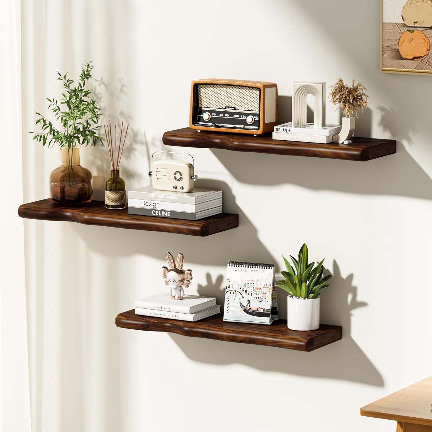 Seasonwood Rustic Farmhouse Floating Wall Shelf, 24 inch Live Edge Solid Pine Shelf for Bathroom Kitchen Bedroom Living Room, Walnut, 2pcs