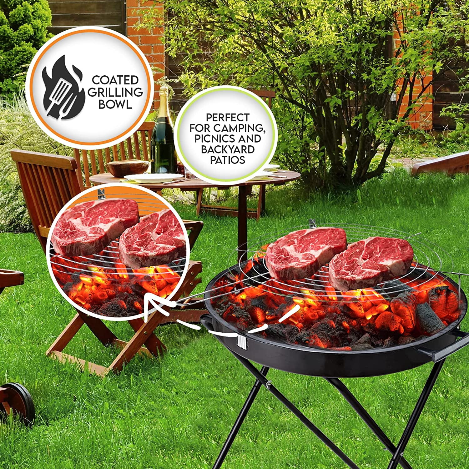 PAMI 24 Inch Round Portable Charcoal Barbecue Grill with Lid & Handles, Standing BBQ Grill for Outdoor Cooking