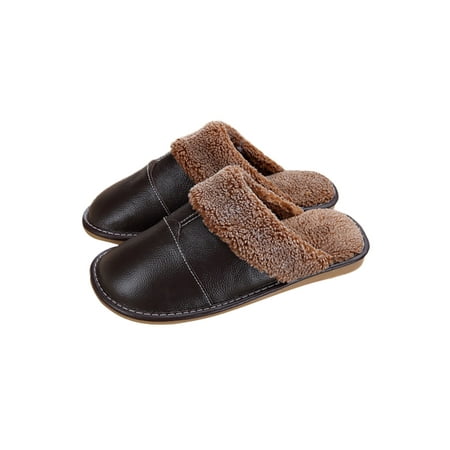 

GENILU Mens Non-slip Leather Slipper Cozy House Shoes Home Slip On Plush Slides Brown 9-9.5