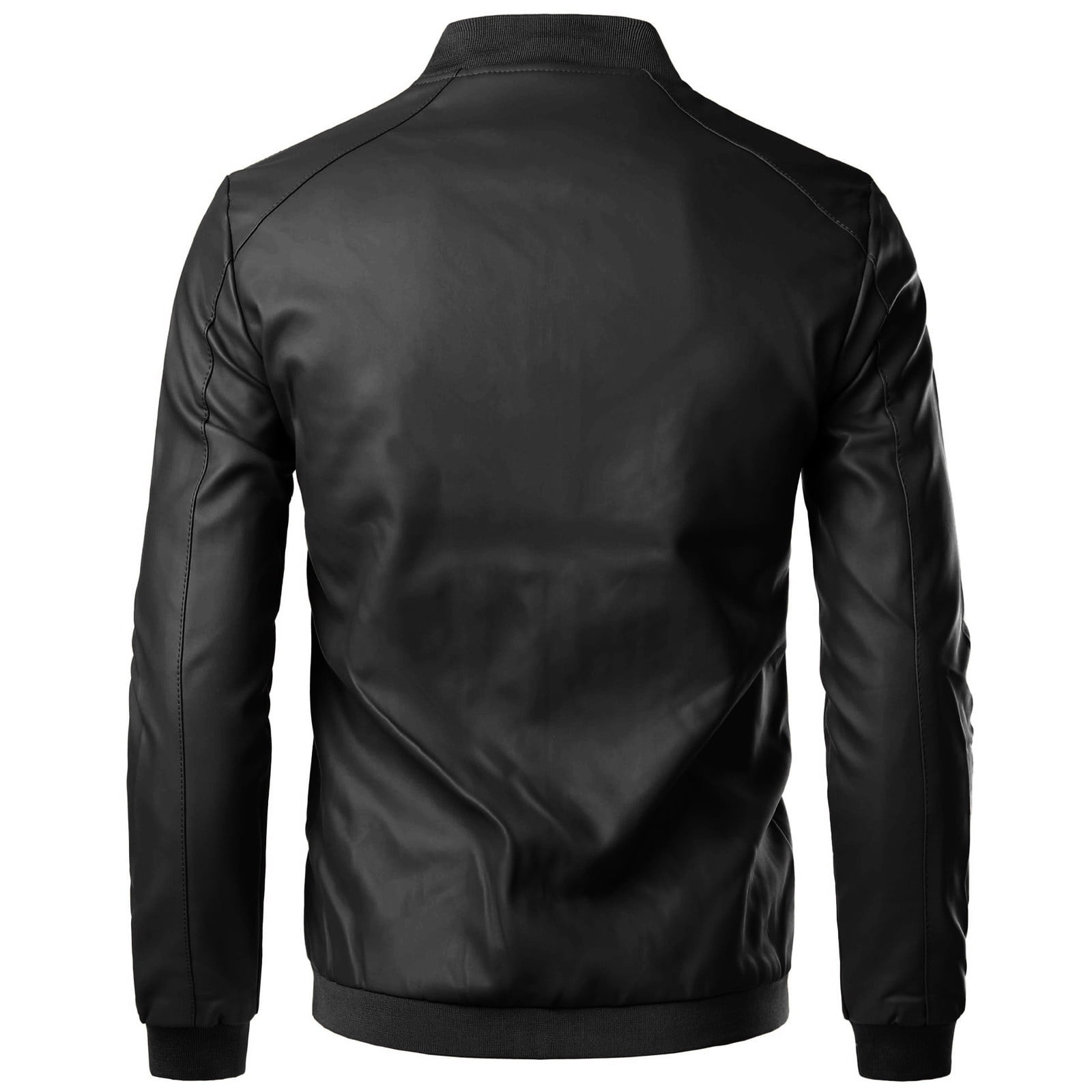 RYDCOT Men Solid Color Leather Jacket Outerwear Fashion PU Leather Long Sleeved Stand Collar Coat Black