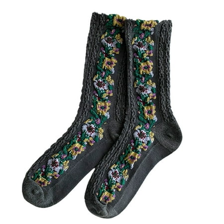 

Yache 1 Pair Middle Tube Twist Warm Women Socks Flower Pattern Ethnic Print Crew Socks for Autumn Winter