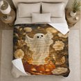 thumbnail image 5 of Whimsical Ghost Jack-O'-Lantern Halloween Scene Cream Flowers Magical, Festive Halloween Scene, Warm Flannel Blanket for Living Room and Family Room, Art Lovers Halloween Gift, Festive Home Decor, 5 of 9