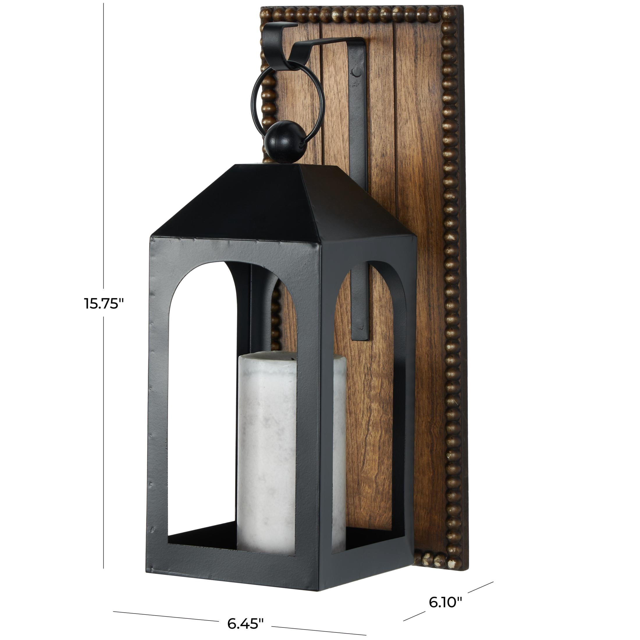 DecMode Black Metal Abstract Suspended Arched Cutout Wall Sconce with Brown Wood Backing and Beaded Edge