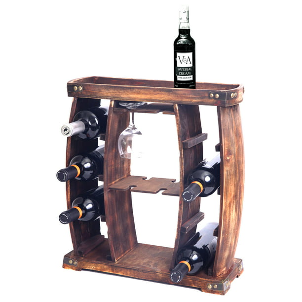 Decorative Wooden 8 Bottle Rustic Wine, Wooden Wine Holder With Glasses