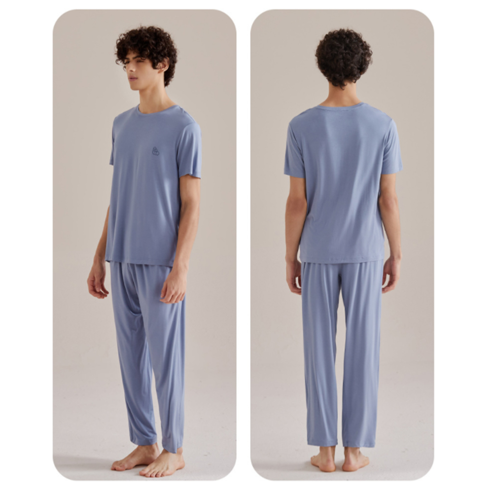 Blue Pajama Set Spring Summer Men's Homewear Round Neck Short Sleeve ...