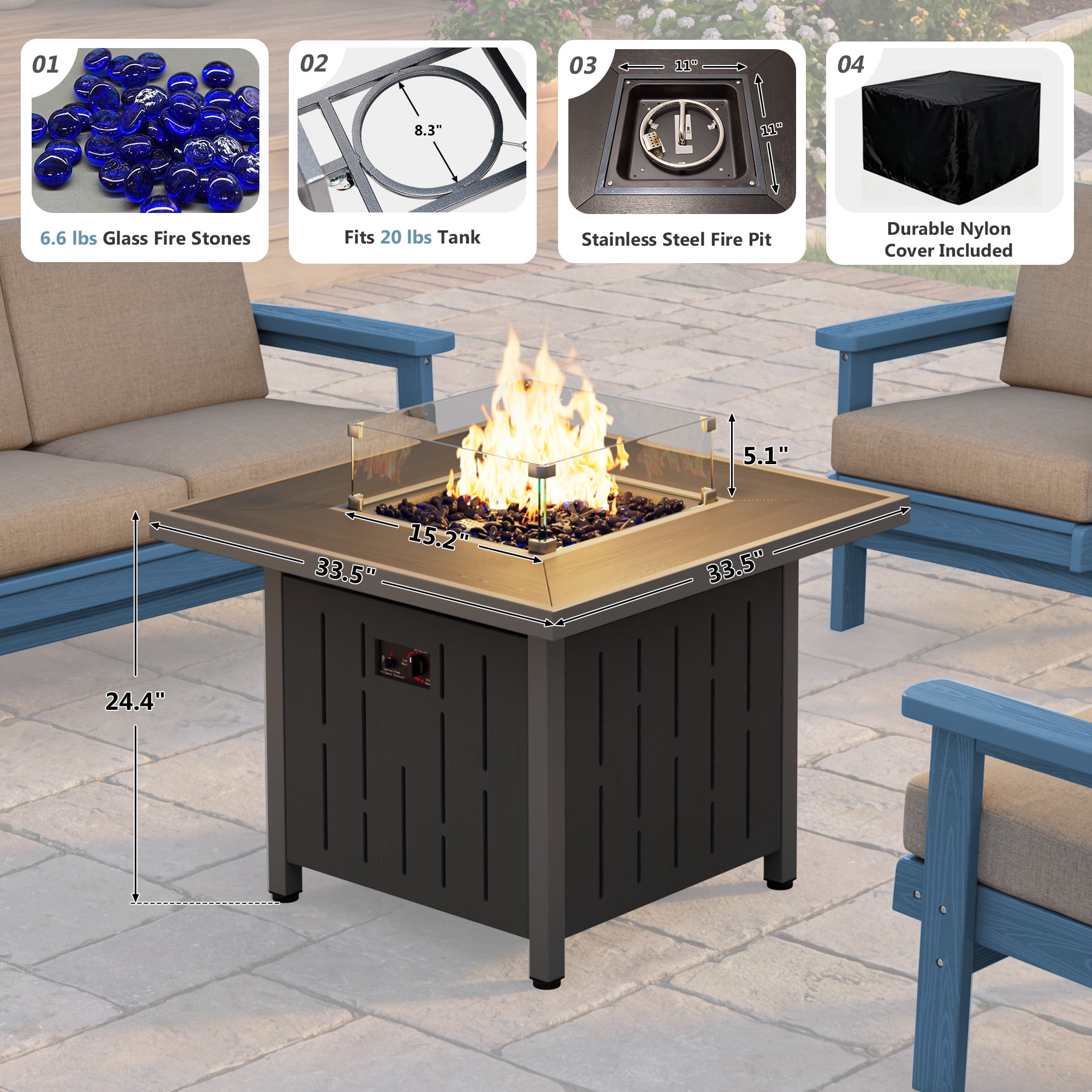 SERWALL Propane Fire Pit Table, 33 Inch Square Outdoor Fire Table with Lid, 50,000 BTU Gas Fire Pit Table with Glass Wind Guard, HDPE Fireplace for Patio, Black