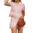 thumbnail image 2 of Women'S Open Knit Short Sleeve Top with Fringe Pink S, 2 of 7