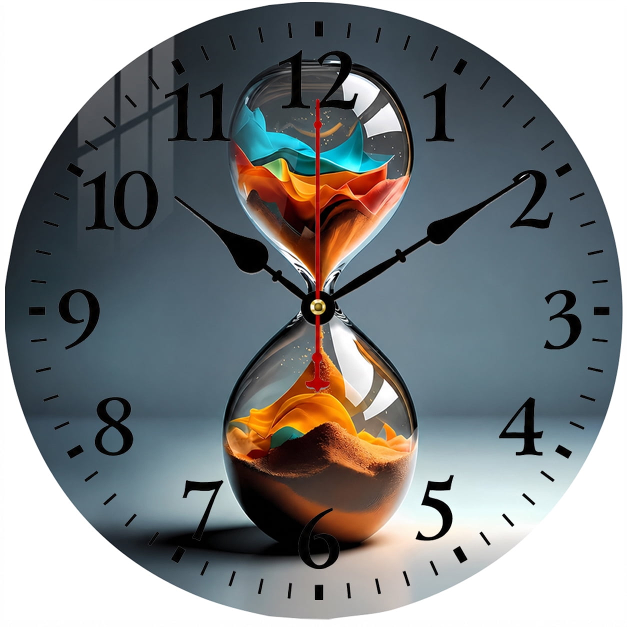 Cozy Hour 9 . 84 Inch Decorative Wall Clock, Modern Analog Round Clock with Unique Hourglass