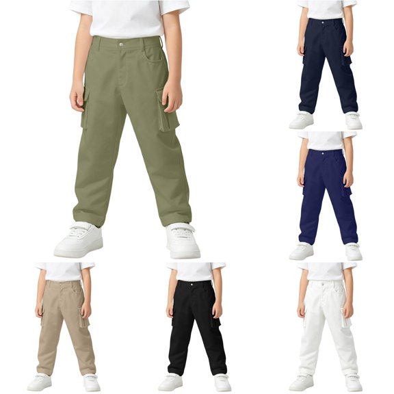 WAYUTE Pants for Boys Cargo Pants Button Straght Leg Slim Fit Hiking Trousers for Kids Solid Color Joggers School Dress Pants Outdoor Casual,15-16 Y,Army Green