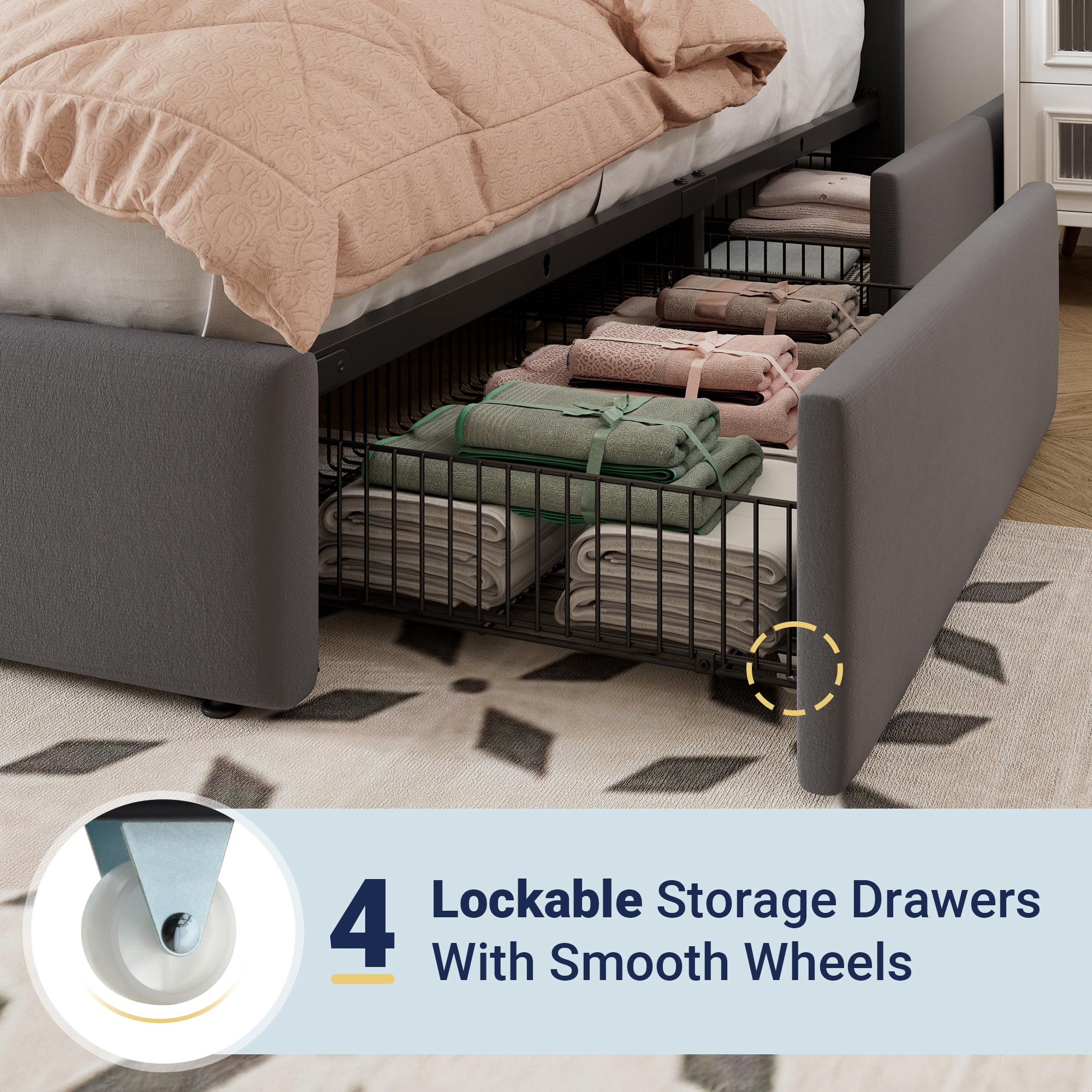 Allewie King Size Storage Bed Frame,Adjustable Headboard, Velvet Upholstered Platform Bed with 4 Oversized Underbed Drawers, Wooden Slats Support, No Box Spring Needed, Grey