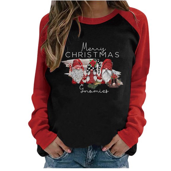 Honeeladyy Discount Merry Christmas Cute Three wear hat Gnome Novelty Graphics Pullover Fall Sweatshirt Women Long Sleeve Loose Pullover Tops Red