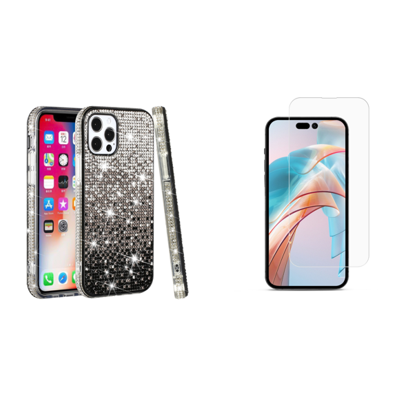 Bemz Sparkling Case for iPhone 15 Pro Max, Diamond Glitter Gem Bling Hybrid Protector Cute Women Girls Cover with Tempered Glass Screen Protector(Black Silver Wave)