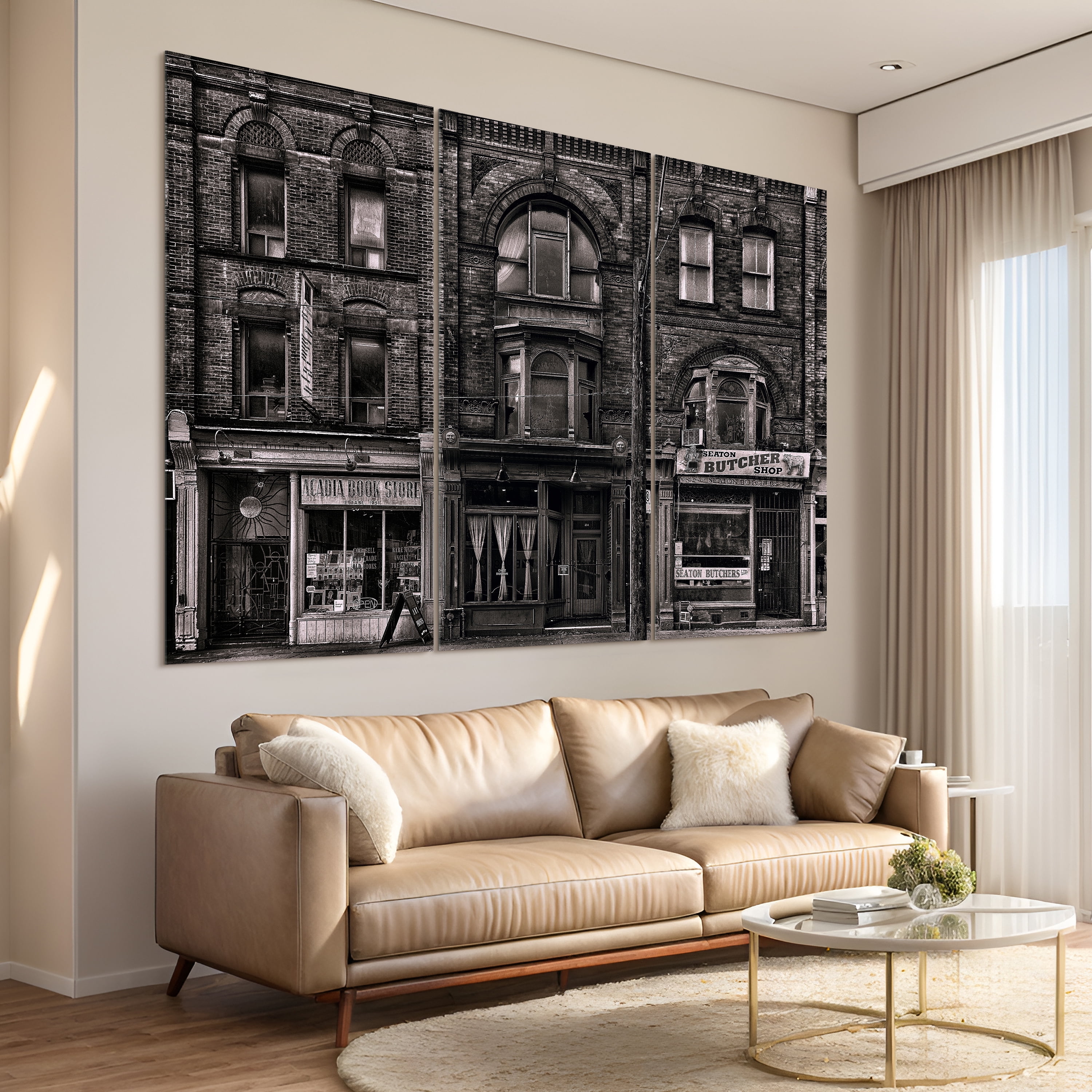 "Historic Brownstone Trio" Buildings Frameless Reverse Printed Tempered Art Glass Wall Art