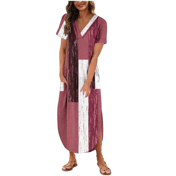 Vestido de Manga Corta para las Mujeres, Vestido Casual de Cuello en V de Bolsillo de Impresión de Moda Sexy Hecho de Poliéster Ligero para el Verano, Vestido de Verano para las Mujeres