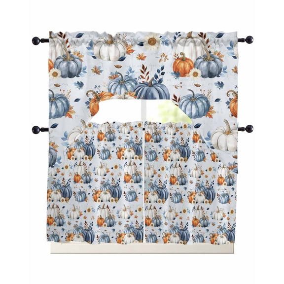 Fall Blue Pumpkins Swag Kitchen Curtains Sets for Windows 24 Inch Length, Thanksgiving Leaves Daisy Country Short Window Curtain Panels Swags Valances and Tiers 3 Piece Set for Cafe/Dining Room