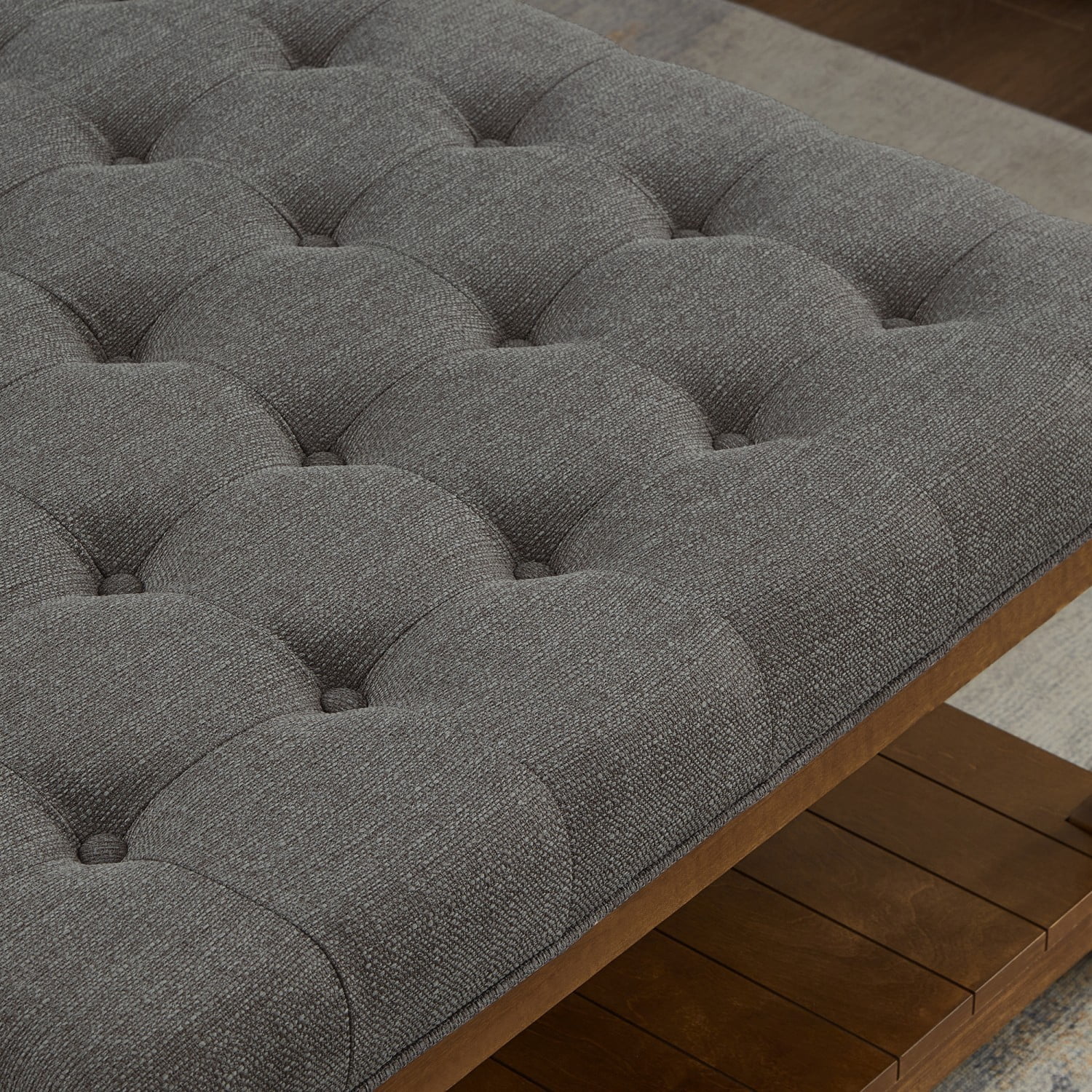 Large Square Tufted Linen Ottoman Coffee Table, Upholstered Footrest with Solid Wood Storage Shelf, Granite Living Room Center Table