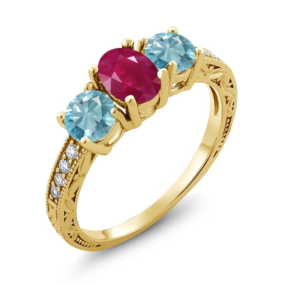Gem Stone King 2.82 Ct Oval Red Ruby Blue Zircon 18K Yellow Gold Plated Silver Moissanite Ring (Size 8)
