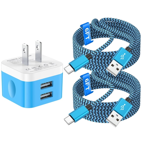 USB Wall Charger,Type C Charger with 2 Pack Type C Charging Cable Cord 6FT USB C Cable Phone Cables,2.4A Dual Port Phone Charger Android Charger Block USB Plug Adapter USB Charging Block,Blue