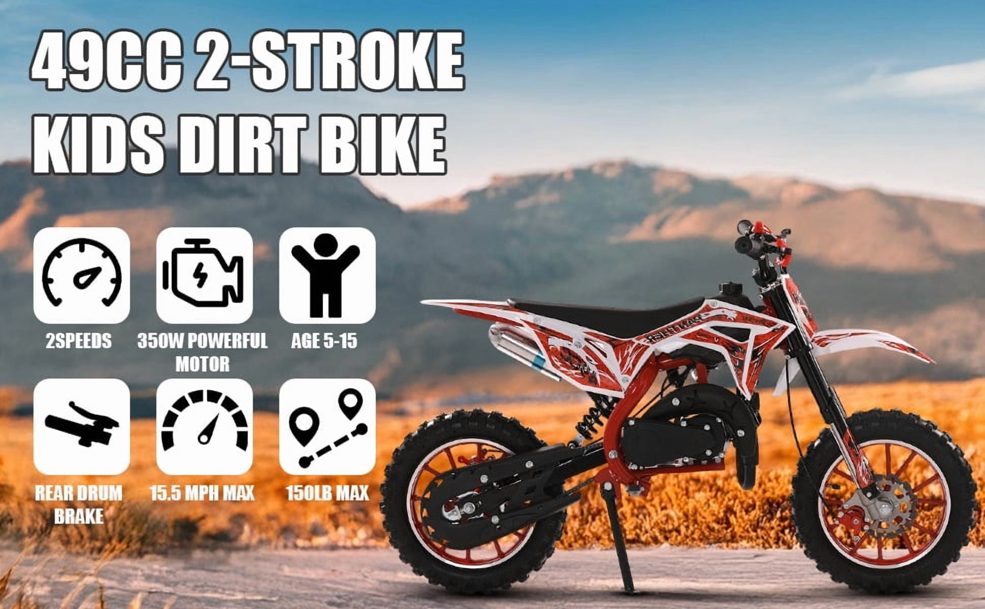 49cc 2-Stroke Kids Dirt Bike - 40KM/H Gas Powered Off-Road Motorcycle with Front/Rear Disc Brakes (Red)