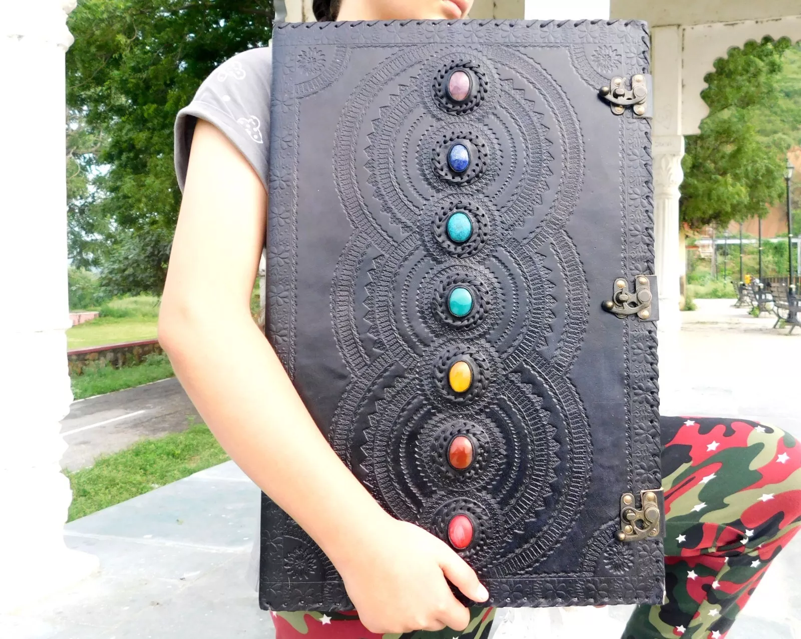 Handcrafted Embossed Design Vintage Leather Bound Journal Seven Stone Grimoire Diary Blank Notebook For Men & Women