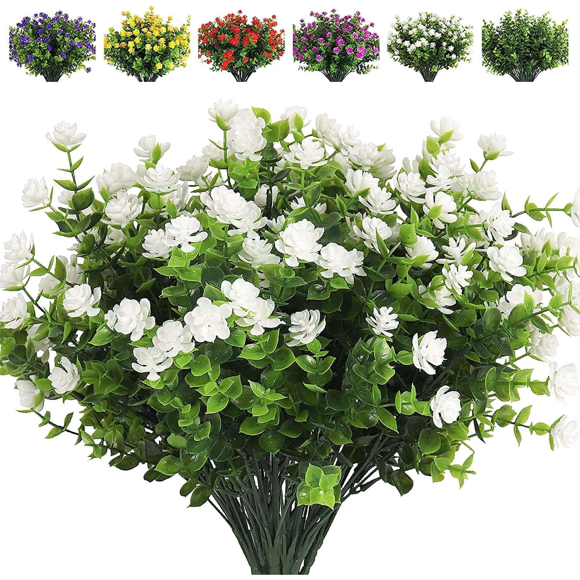 RECUTMS Artificial Flowers Fake Boxwood Outdoor Eucalyptus Greenery Shrubs for Home Garden Decoration,8Pcs (White)
