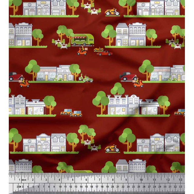 Soimoi Rayon Fabric Vehicles,Tree & Shops Architectural Decor Fabric Printed Yard 56 Inch Wide