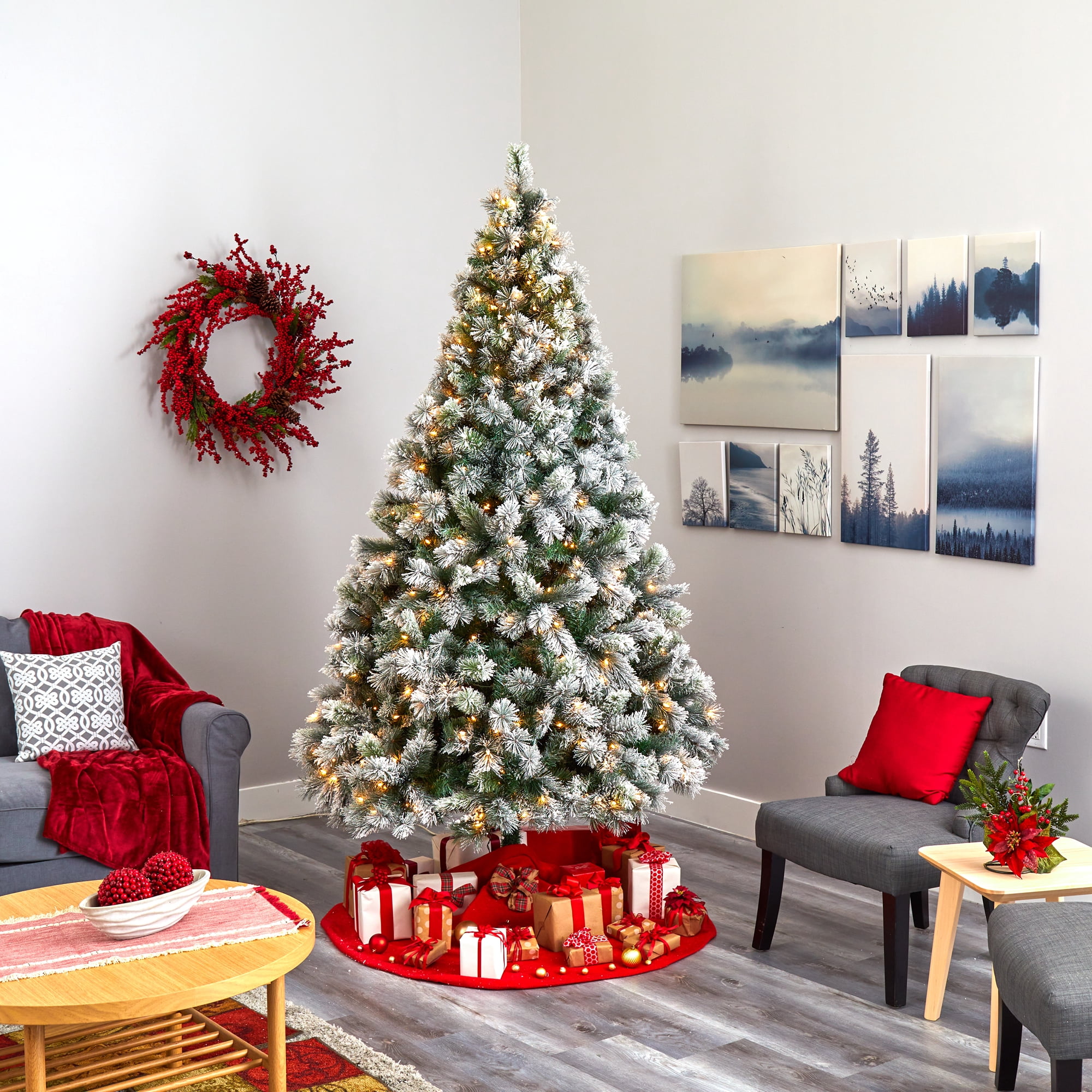 Nearly Natural Clear Prelit 500 LED Green Flocked Pine Flocked Oregon Pine Artificial Christmas Tree, with 1172 Bendable Branches 8'