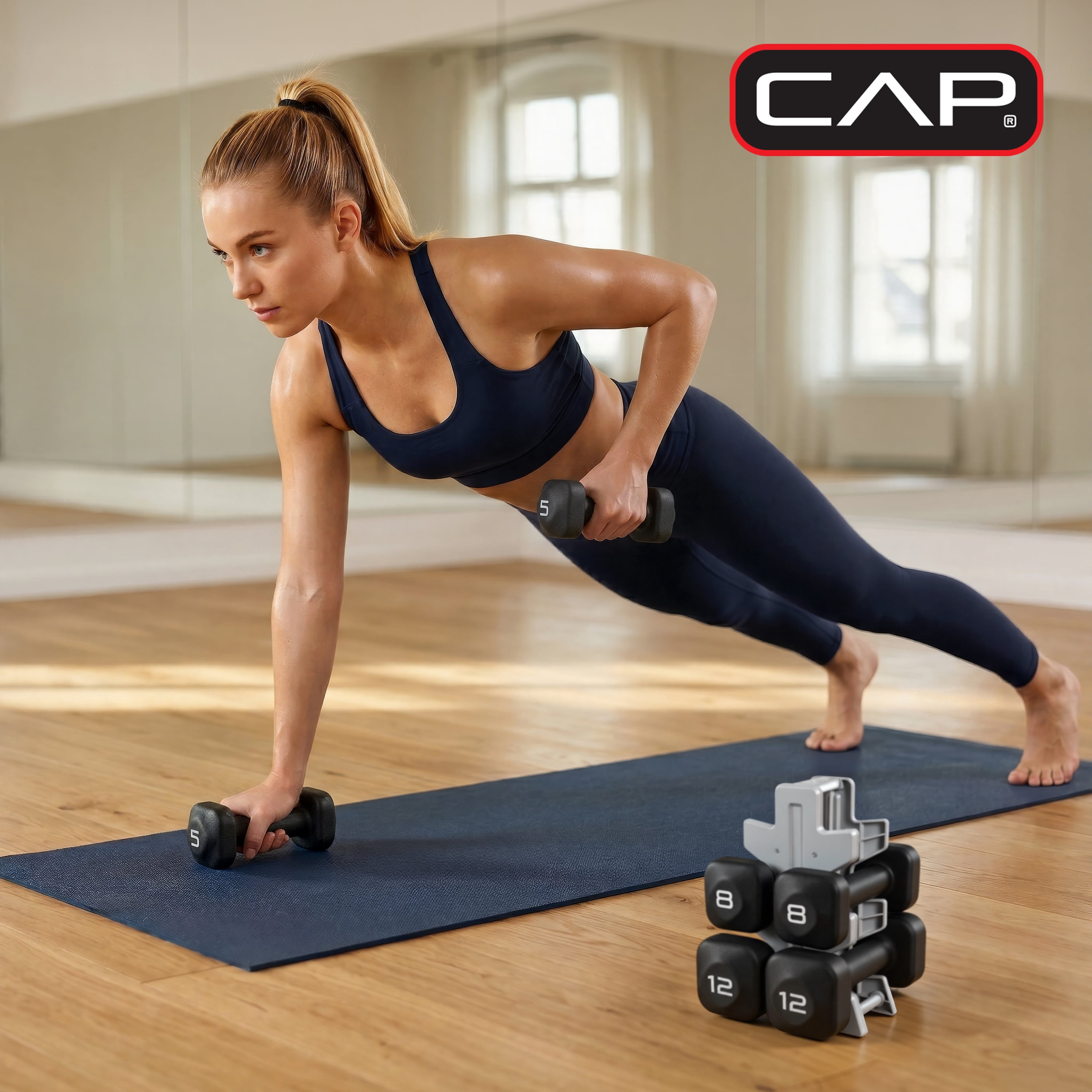CAP Barbell 50 lb Neoprene Dumbbell Set with Storage Rack, 3-Pair Free Weights for Home Gym, 5, 8 & 12 lb Dumbbells