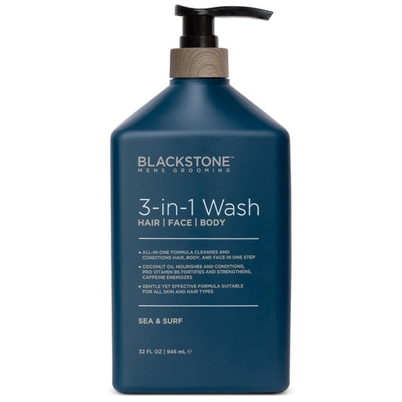 Blackstone Men's Grooming Lavado 3 en 1 para hombres | Limpia y acondiciona el cabello, cuerpo y rostro | Para todo tipo de piel y cabello | Con Aceite de Coco, Vitamina B5 y Cafeína - Sea & Surf (32