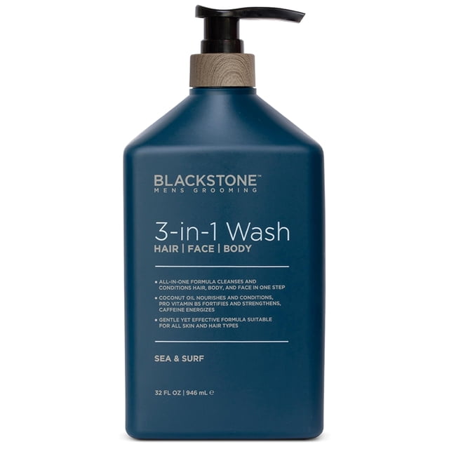 Blackstone Men's Grooming Lavado 3 en 1 para hombres | Limpia y acondiciona el cabello, cuerpo y rostro | Para todo tipo de piel y cabello | Con Aceite de Coco, Vitamina B5 y Cafeína - Sea & Surf (32