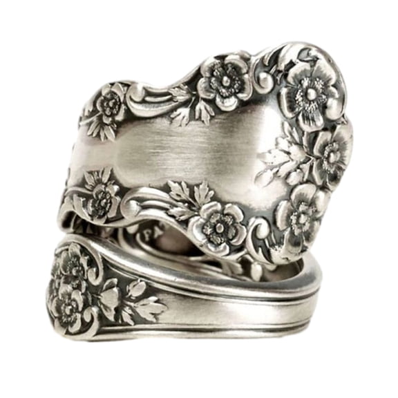 Fasijew Women Ring Ladies Ring Adjustable Vintage Spoon Party Ring Electroplating Polished Surface Geometric Flower Patterns Unfading Gift Giving Finger Band
