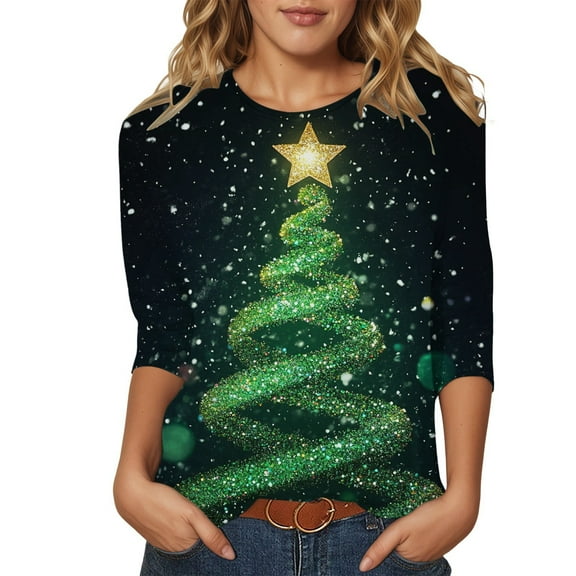 Fiaer Women T Shirts Shine Christmas Tree Trendy Tshirts 3/4 Sleeve Crew Neck Oversized Loose Fit Xmas Tops Light Green XL