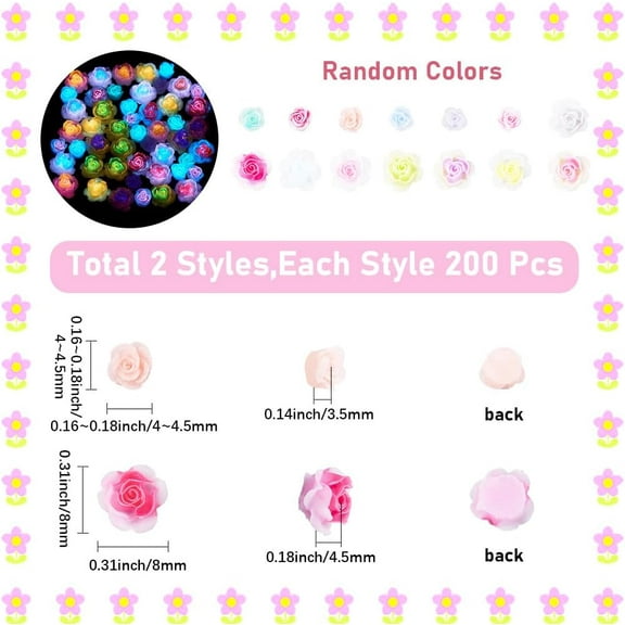 400Pcs Rose Cabochon Resin Flower Charms Bulk Random Mixed Color Flatback Glow in The Dark 3D Floral Scrapbooking Embellishment Cabochons for DIY Craft Jewelry Phone Case Hairpins Supplies