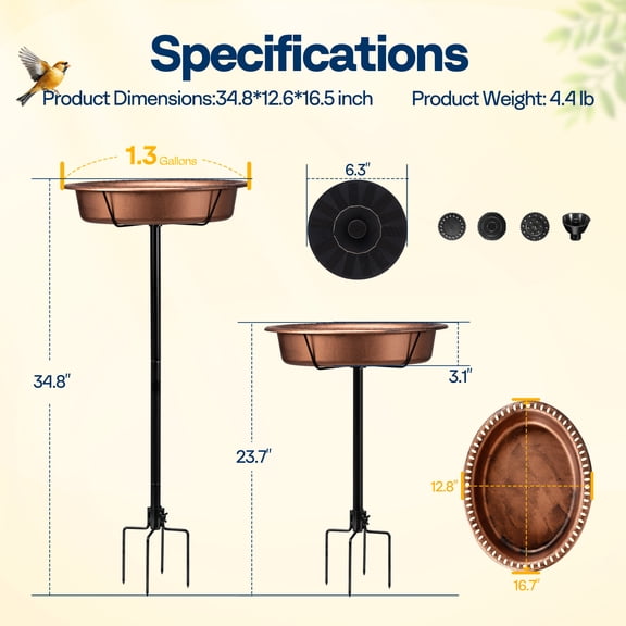 SPECSTAR Oval Bird Bath with Solar Fountain for Outside, Weather-Resistant ABS Birdbath Bowl with Solar Powered Pump, Metal Ground Stake for Outdoor, Garden, 1.3 Gallons, Bronze