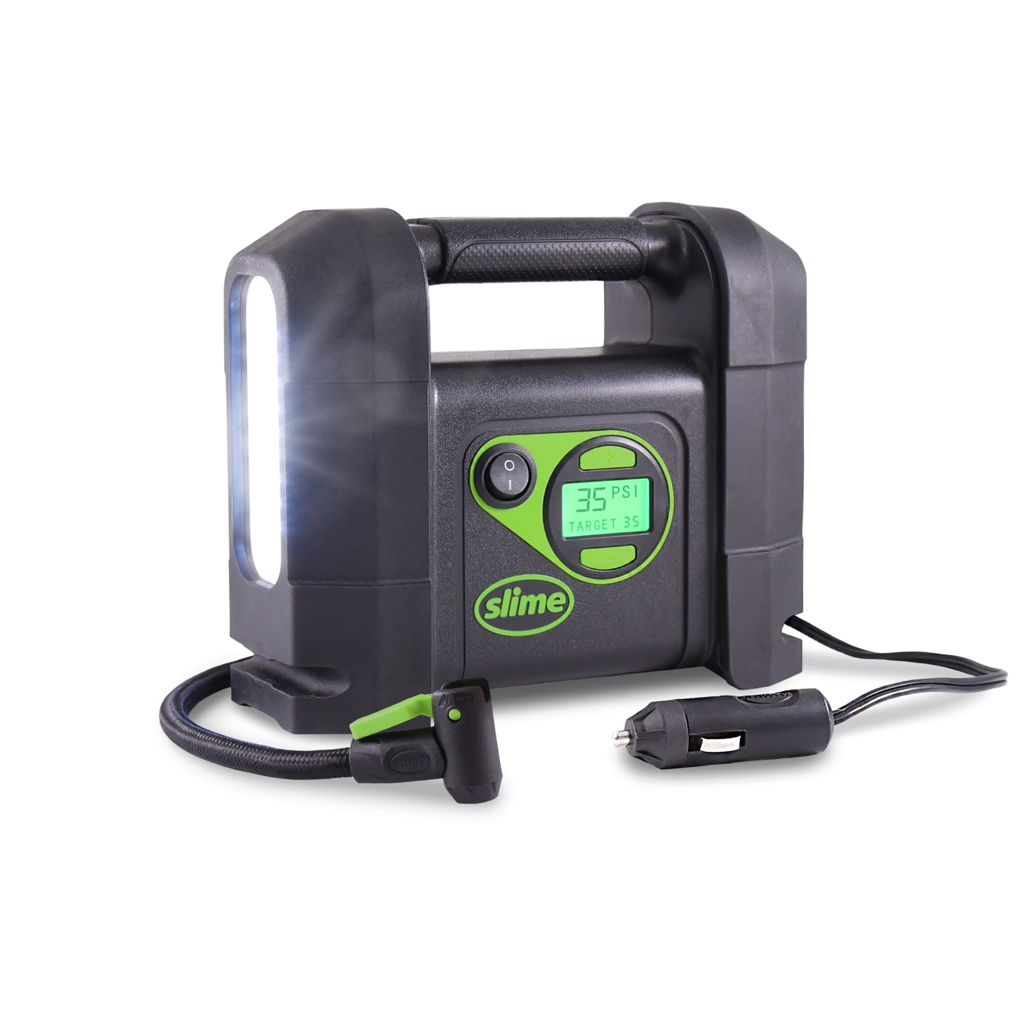 Slime 40047 Tire Inflator, Portable Car Air Compressor, Rugged, Inflate Right automatic shut off, with Digital 99 psi Display, Long Hose and LED Light, 12V, 4 min inflation - 40047
