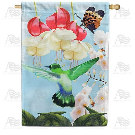 America Forever Spring Hummingbird House Flag 28 x 40 inches Double Sided Red and White Flowers, Butterfly, Greenery - Seasonal Yard Lawn Outdoor Decorative Spring Bird House Flag