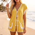 thumbnail image 2 of Likimi 2 Piece Sets For Women With Tassels Shorts Sleeve V Neck Solid Color Pocket Top With High Waist Shorts Summer Breathable Soft Outfit Set Yellow Size L, 2 of 5