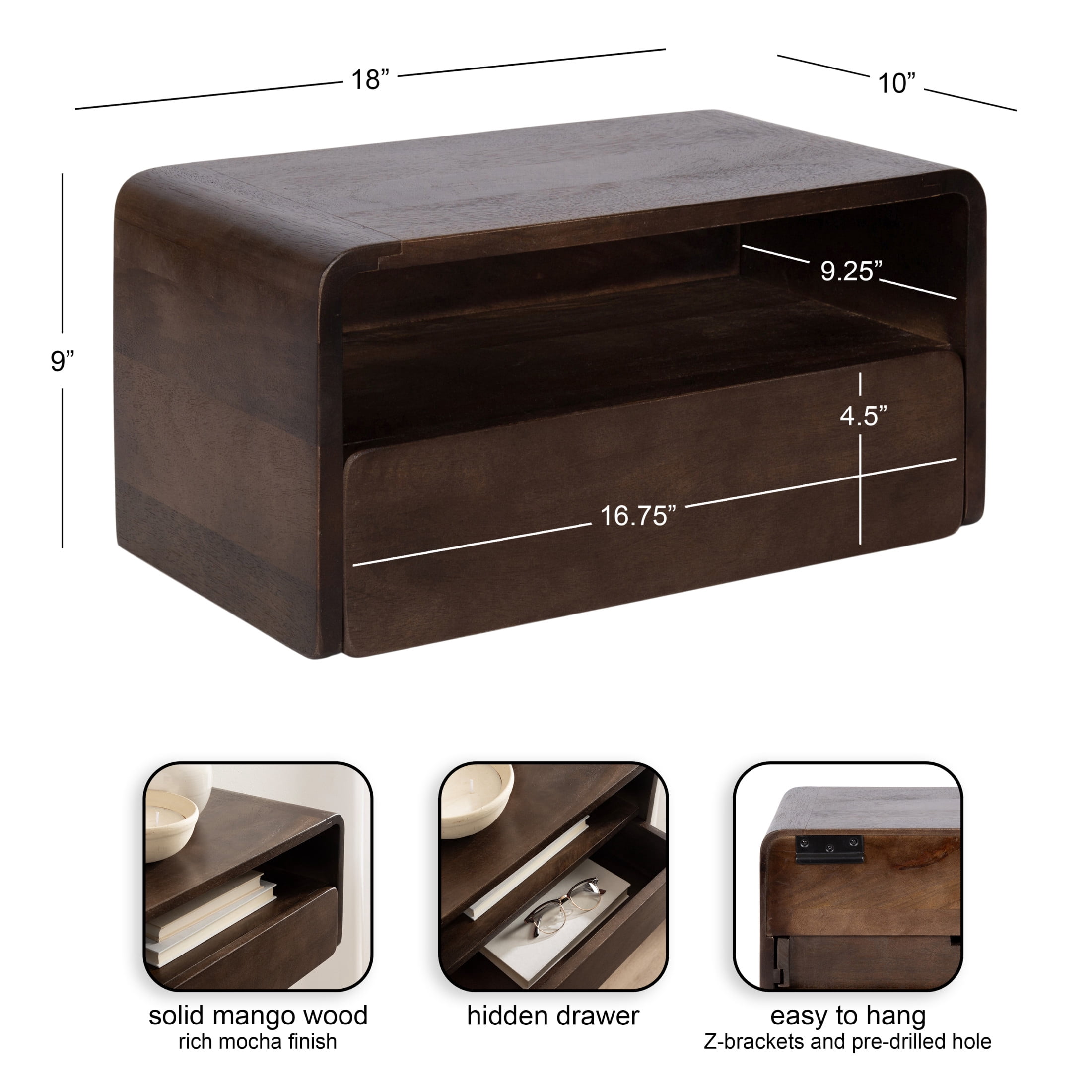 Kate and Laurel Kato Modern Mango Wood Floating Side Table with Drawer, 18 x 10 x 9, Dark Brown, Contemporary Wooden Floating Nightstand for Bedroom Bedside Table or Living Room Wall Storage