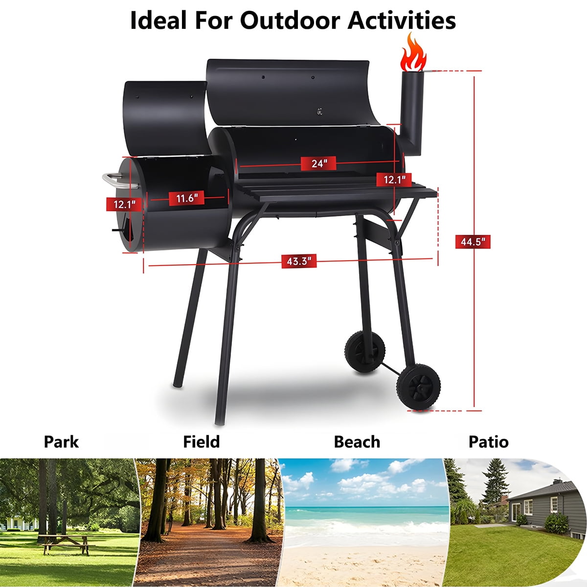 AKIUDEX Outdoor Portable BBQ Charcoal Grill with Offset Smoker for Pit Patio Backyard, Black