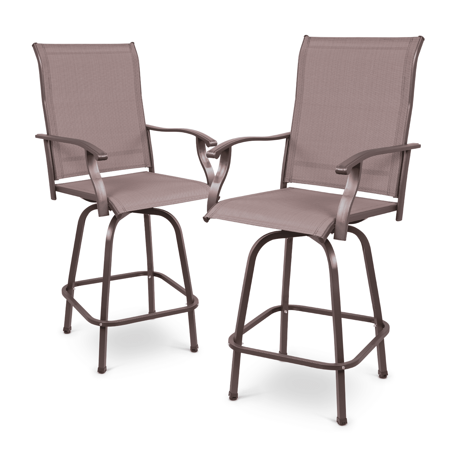 2 Charis Padded Textilene 360° Swivel Chairs with Wook Like Top Table Patio Bar Swivel Stools with High Back and Armrest Outdoor Furniture Set 