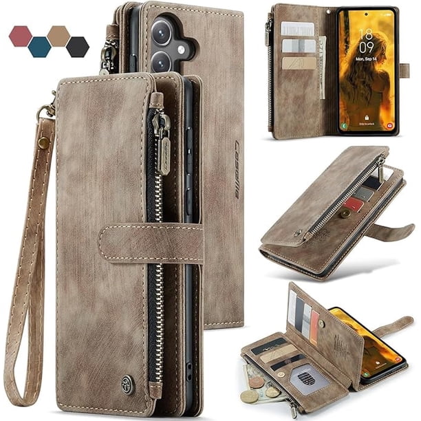 Funda billetera Samsung Galaxy S24 FE 5G con Tarjetero, Soporte, Bolsillo Magnético con Cremallera, Correa de Cordón, Muñequera, Funda con tapa de Cuero para Samsung Galaxy S24 FE de 6,7 Pulgadas